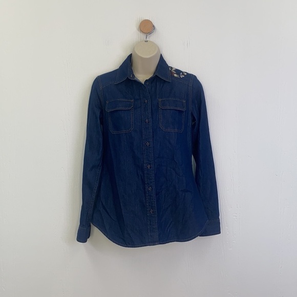 Pendleton -Vintage Dark Denim Button Up With Floral on Shoulder & Back XXS - Picture 2 of 9